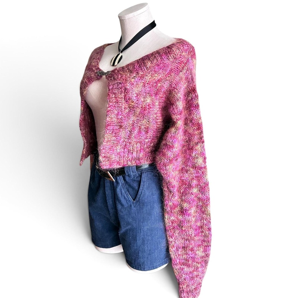 Hand Knit Pink & Beige Mohair Cropped Bolero Shrug Sweater S/M - Picture 5 of 10